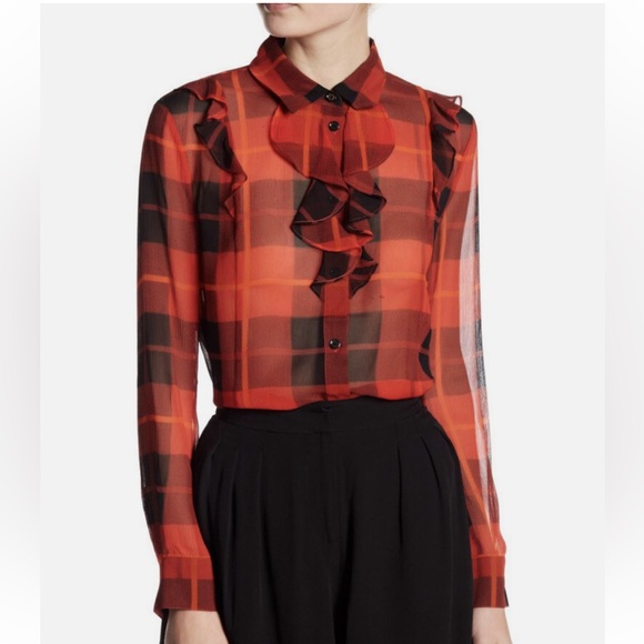 kate spade Tops - Kate Spade Red Plaid Chiffon Ruffle Long Sleeve Button Down Blouse Medium